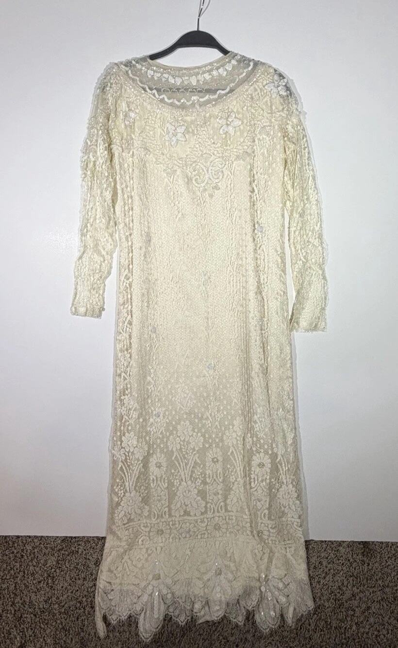 Rina di Montella Beaded Lace & Silk Gown Art Deco Ivory Vintage Size 12
